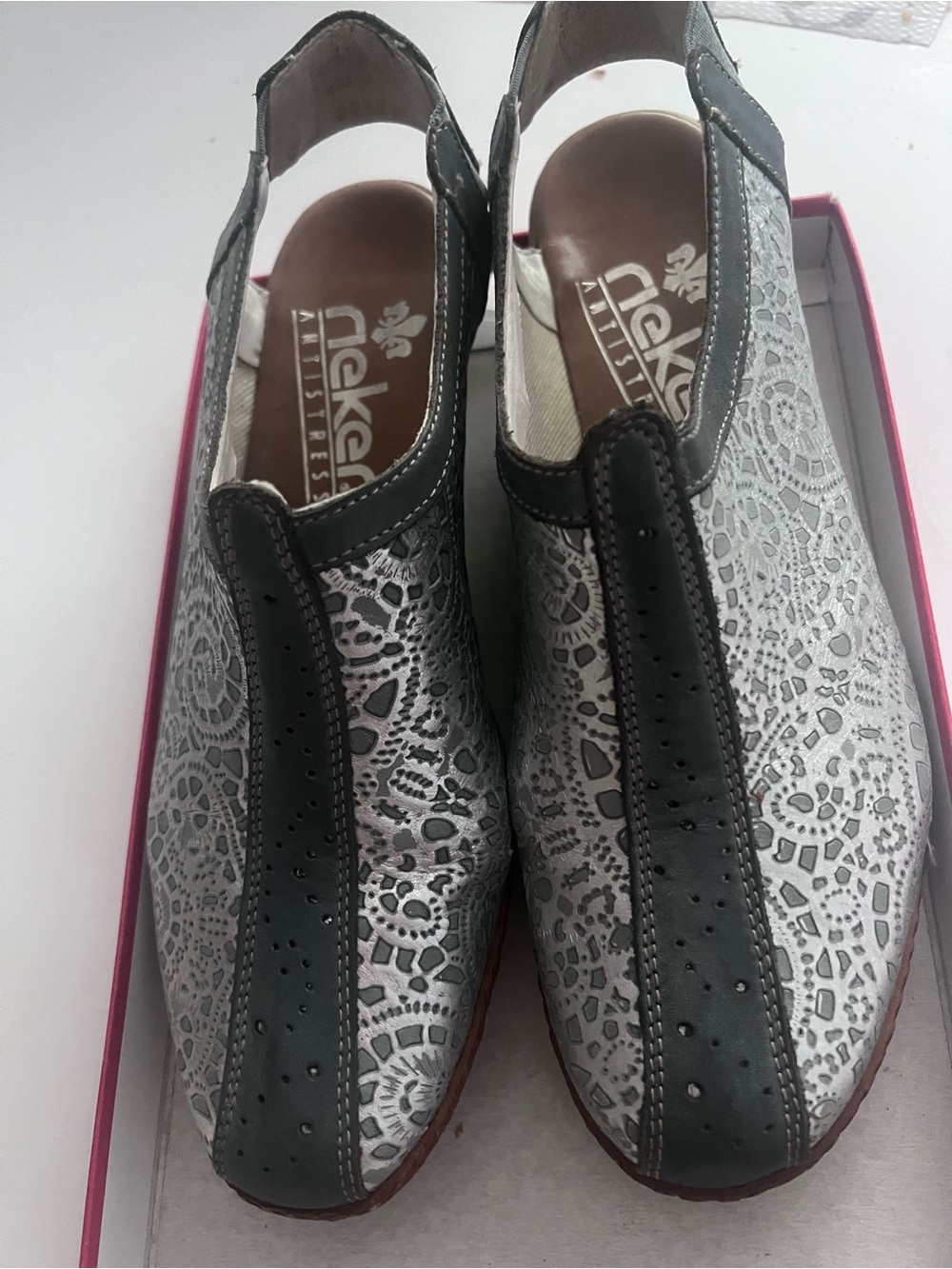 Rieker Silver Lace-Pattern Slingback Mules